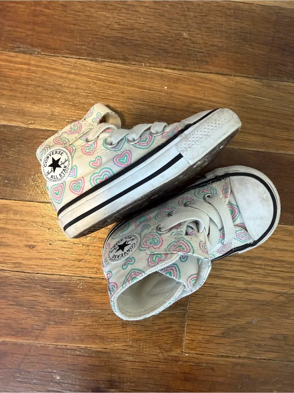 Converse Kids White High-Top Sneakers with Pink and Mint Heart Print
